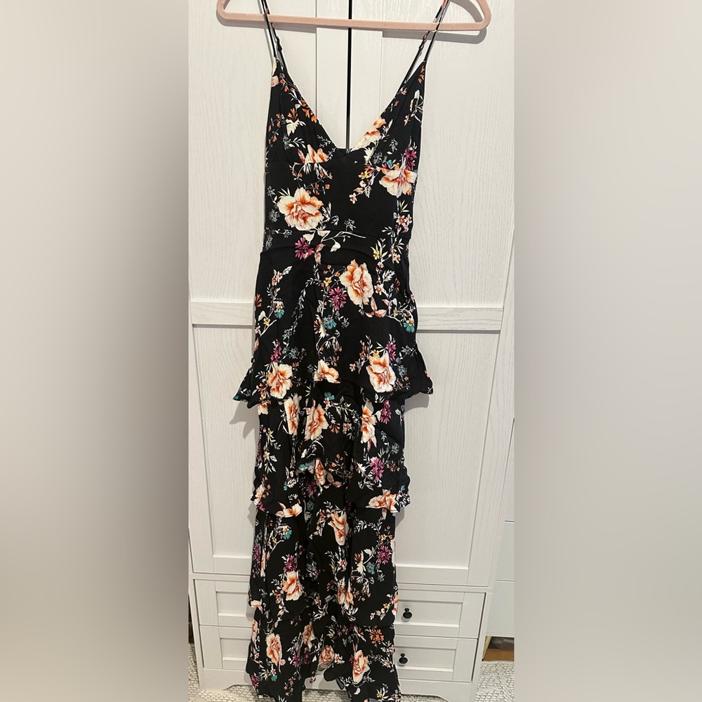 AFRM Black Floral Ruffle Maxi Dress with Peach and Pink Blooms